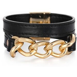 Women'S Leather Bracelet, Punk Thick Chain Wrap Bracelet,